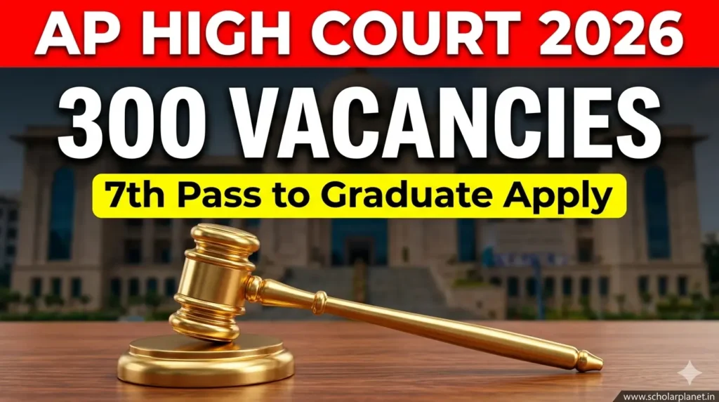 AP High Court Recruitment 2026 Andhra Pradesh High Court Recruitment 2026 thumbnail featuring a golden gavel on a wooden desk with a blurred High Court building in the background and text highlighting 300 vacancies for 7th pass to graduate candidates.