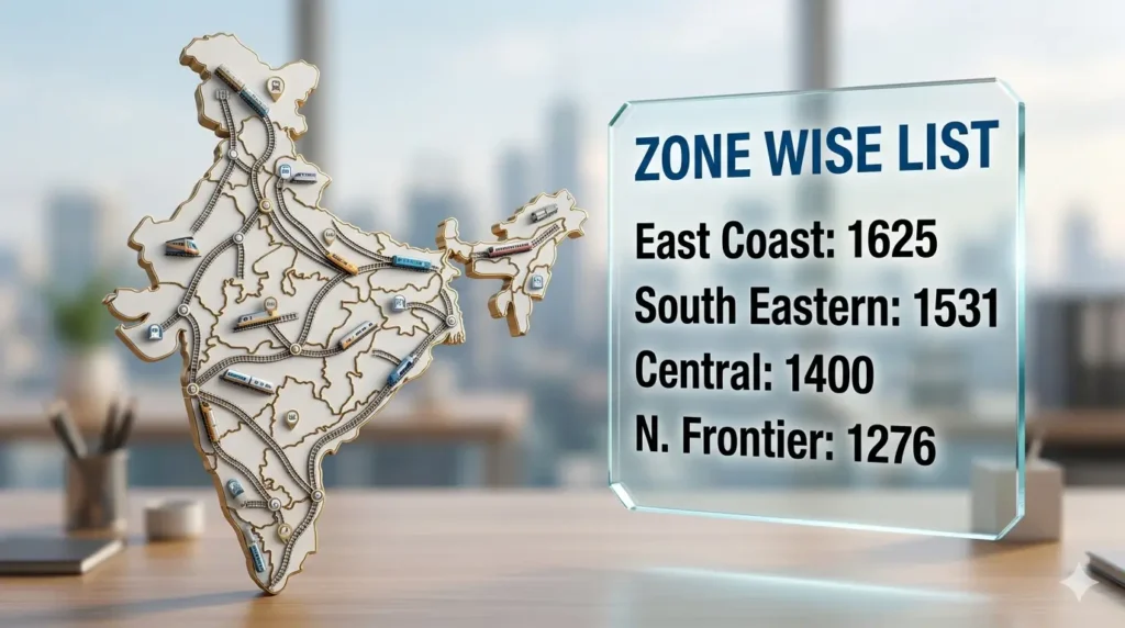 RRB ALP Zone Wise Vacancy 2026 List showing East Coast, Central, and South Eastern Railway Seats on India Map