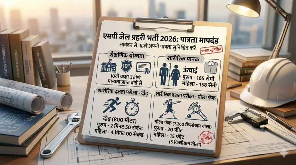 एमपी जेल प्रहरी भर्ती 2026 के लिए शारीरिक और शैक्षणिक पात्रता मापदंड।