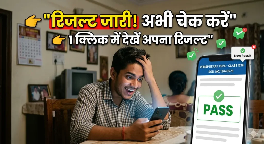यूपी बोर्ड 12वीं रिजल्ट 2026 जारी होने के बाद मोबाइल पर रिजल्ट चेक करता हुआ छात्र।