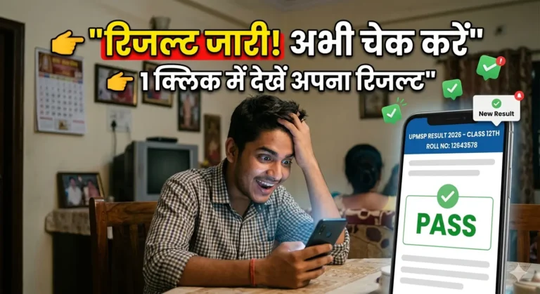 यूपी बोर्ड 12वीं रिजल्ट 2026 जारी होने के बाद मोबाइल पर रिजल्ट चेक करता हुआ छात्र।