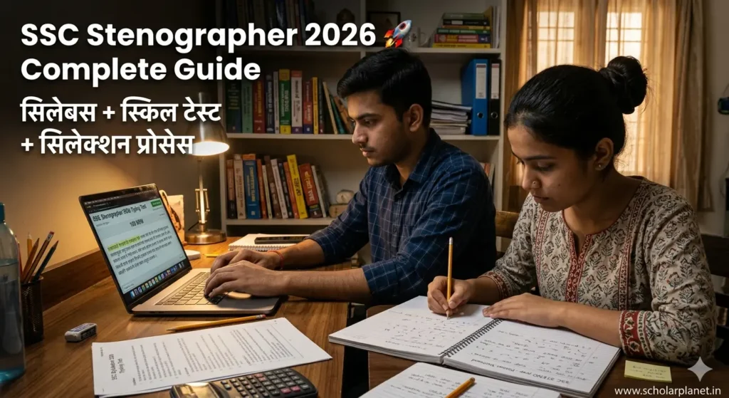 Indian male and female students preparing for SSC Stenographer 2026 exam with shorthand notebook and laptop realistic study scene
