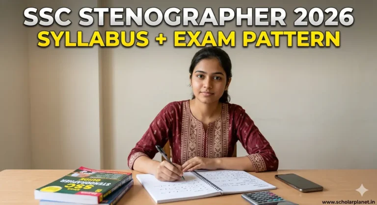 SSC Stenographer syllabus 2026 exam pattern preparation Indian student shorthand notebook realistic study scene