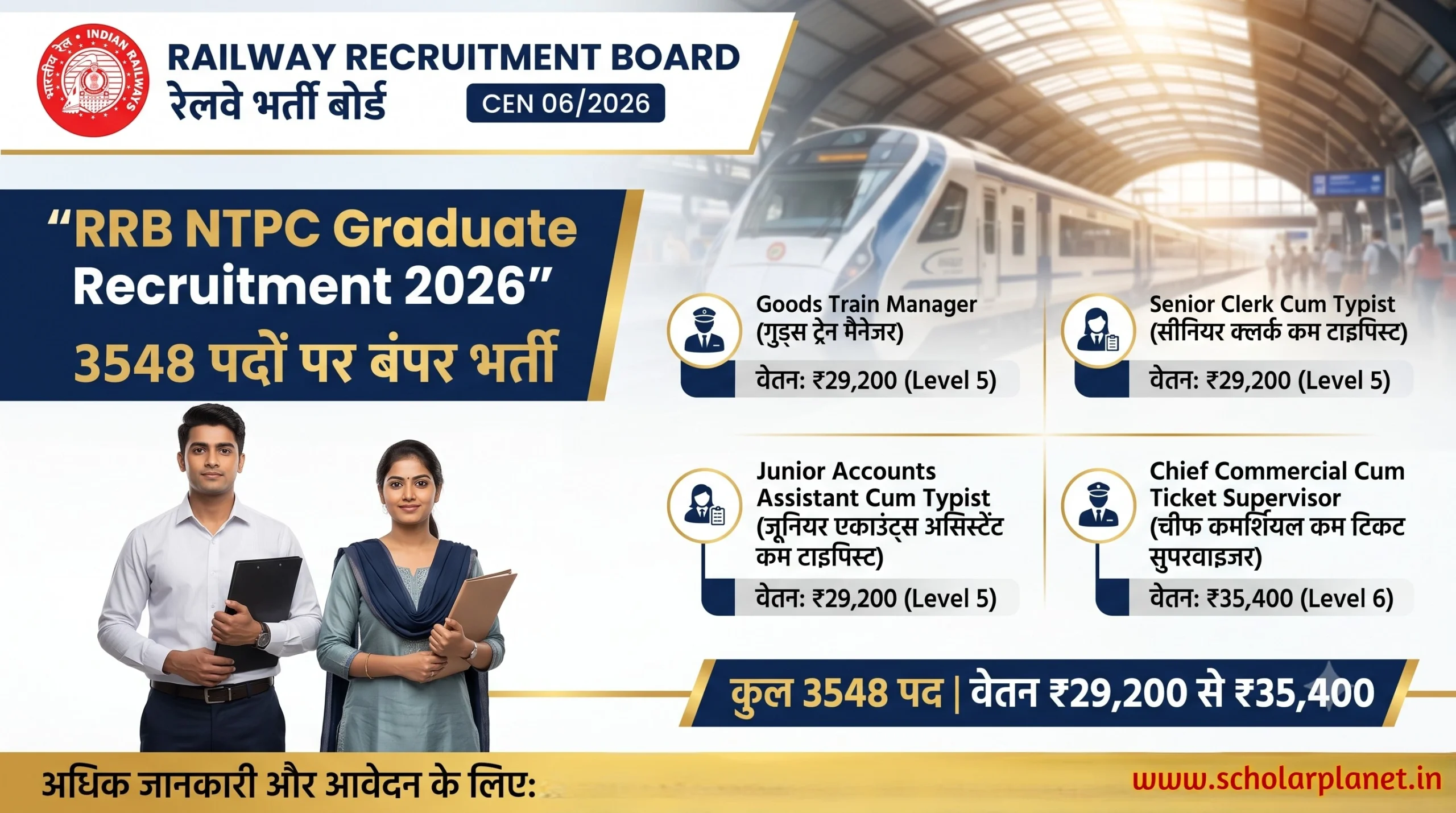 RRB NTPC Graduate Recruitment 2026 में 3548 पदों की भर्ती